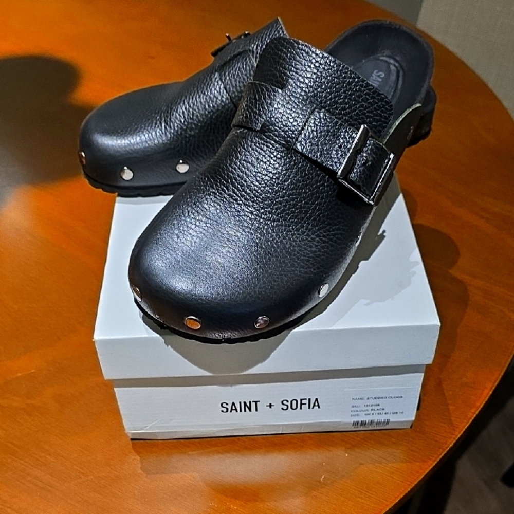 Saint + Sofia Black Leather Studded Clogs. Size US 10 UK 8 EU 41